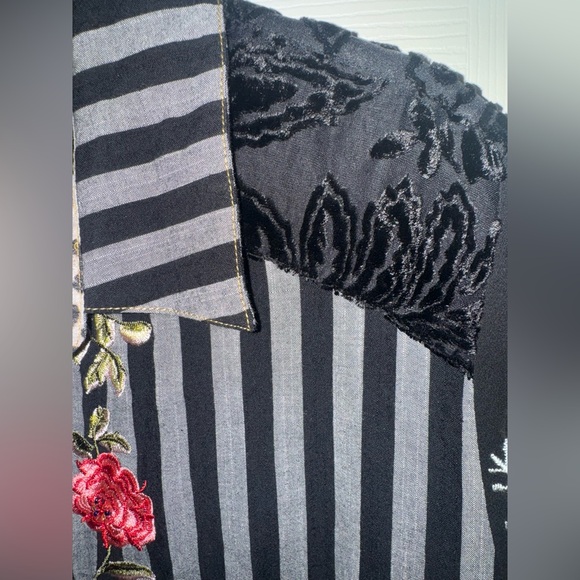John Mark Black and Gray Striped Floral Embroidered Top - Picture 5 of 16